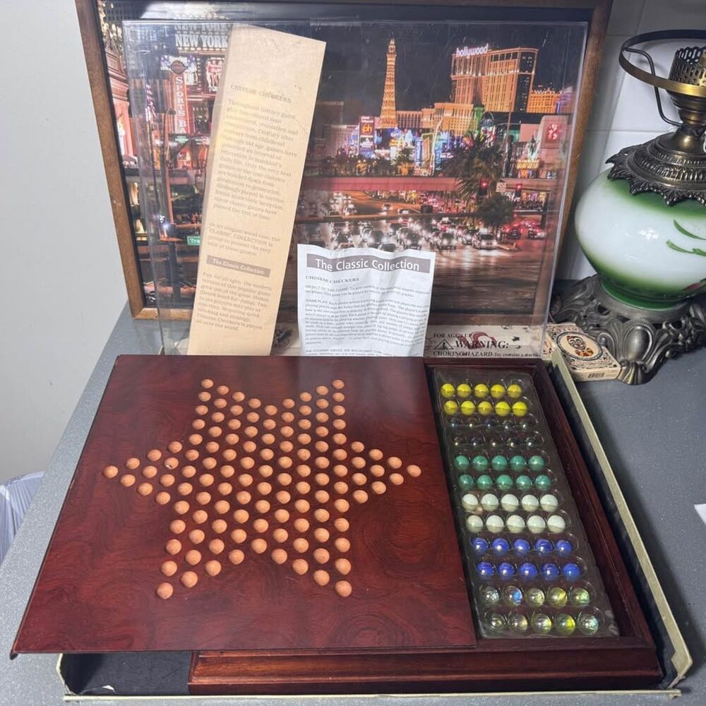 Classic Collection Chinese Checkers Wood Board Game Glass Marbles Complete 14x14